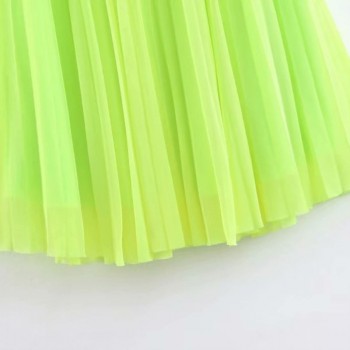 Women Fluorescent Green Pleated Tulle Skirt Neon Skirt Summer Bright Elastic Waist Knee-Length Mesh Skirt